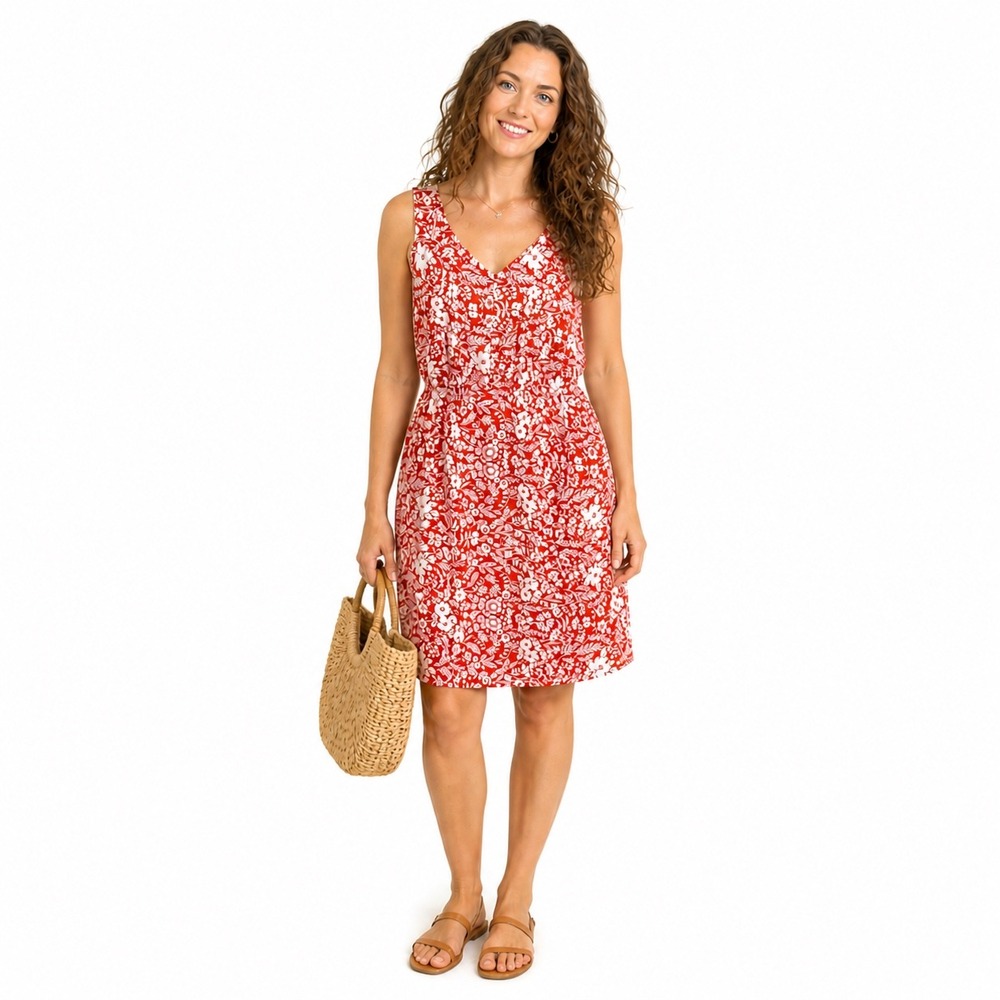 Orange White Floral V-Neck Sleeveless Summer Dress Market &Spruce size L